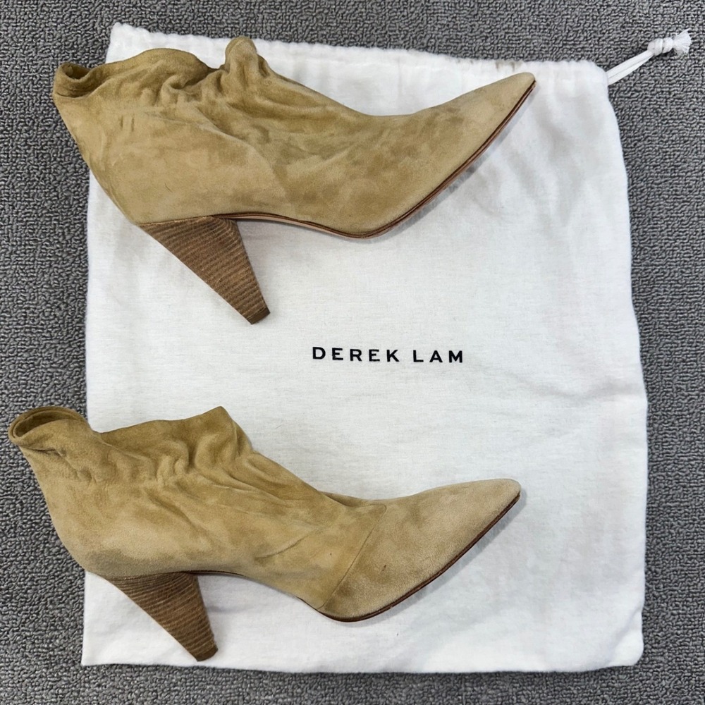 Derek Lam Booties Women 38.5 Beige Suede Pointed Toe Stacked Cone Heel Italy